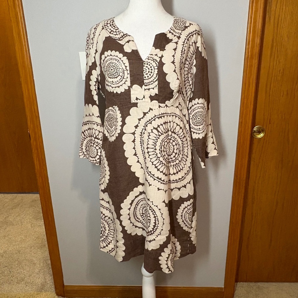 Boden Brown linen Floral Print 3/4 Sleeve Tunic Dress boho US 6
